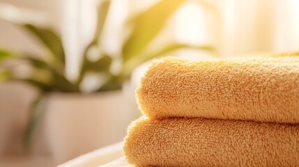 Poster - Soft Yellow Towels Stacked Together With A Hint Of Greenery In A Bright Sunny Room : Generative AI