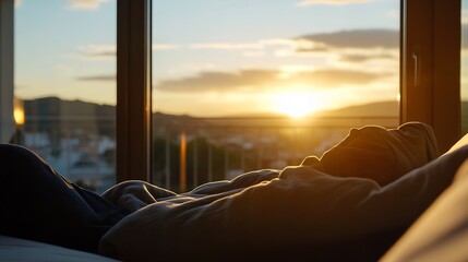 Poster - Cozy Morning View from Bedroom Window with Soft Blanket against the Sunrise : Generative AI