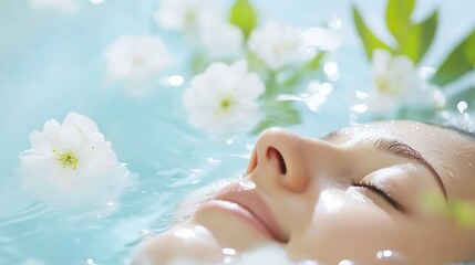 Poster - Serene Young Woman Relaxing in a Tranquil Spa Bath Surrounded by White Flowers : Generative AI