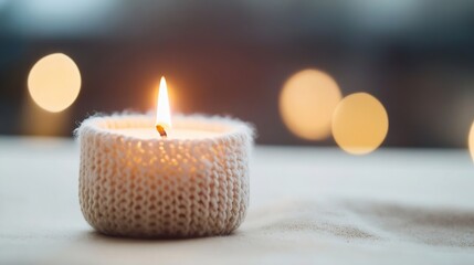 Poster - Warm Candle with Soft Flame and Cozy Knit Holder Creating a Relaxing Ambiance : Generative AI
