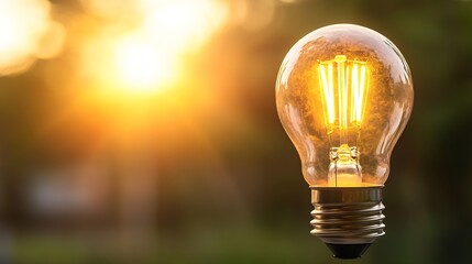 Poster - Glowing vintage light bulb with sunflare creating a warm atmosphere in outdoor setting : Generative AI