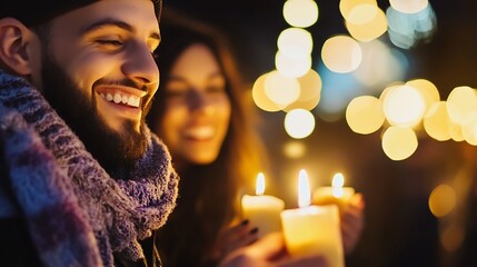 Poster - Joyful couple enjoying a beautiful evening with candles and glowing lights in the background : Generative AI