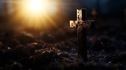 Poster - Rusty Cross at Sunset in a Cemetery Graveyard : Generative AI