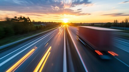 Poster - Blurred motion of a truck on the highway with a stunning sunset sky illuminating the background : Generative AI
