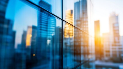 Poster - Stunning reflections of modern urban architecture in glass buildings illuminated by golden sunset light : Generative AI