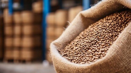 Poster - Creative composition of burlap sack filled with coffee beans in a rustic setting with blurred background : Generative AI