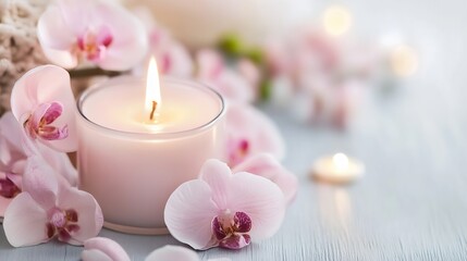 Fototapete - Delicate pink orchid flowers surrounding a bright candle creating a calming atmosphere : Generative AI