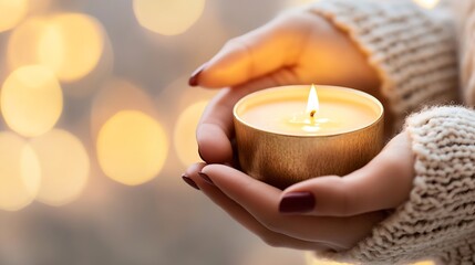 Poster - Warm hands cradling a wooden candle surrounded by magical bokeh lights : Generative AI