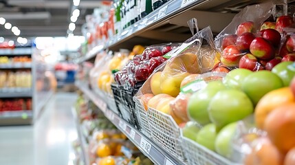 Poster - Fruit shelf in supermarket displaying colorful apples oranges and fresh produce : Generative AI