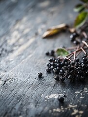 Poster - Dark berries lie gracefully on a textured wooden backdrop highlighting their rich color and detail : Generative AI