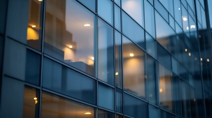 Aufkleber - Modern glass building with reflections and lights during the evening hours : Generative AI