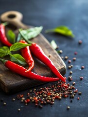 Poster - Vibrant Red Chili Peppers with Fresh Basil Leaves on a Rustic Wooden Cutting Board : Generative AI