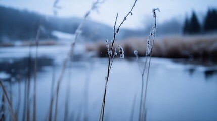 Poster - Frost Covered Grass Near a Still Water Body Reflecting the Chill of a Winter Morning : Generative AI