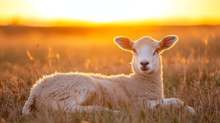 Aufkleber - Gentle lamb resting in a sunlit field during a warm sunset near a peaceful countryside : Generative AI