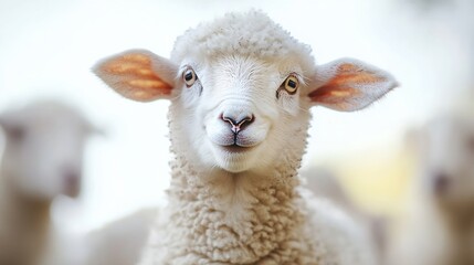 Poster - Cute Close-Up of Smiling Sheep with Soft Fuzzy Wool in Pastoral Setting : Generative AI