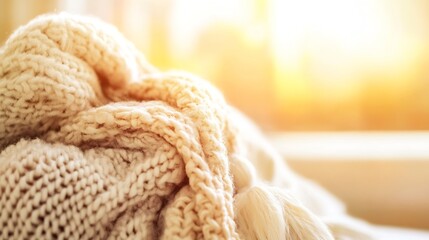 Poster - Cozy knitted blanket in soft sunlight creating a warm and inviting atmosphere in the room : Generative AI