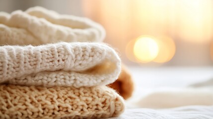 Poster - Beautifully Folded Cozy Knit Sweaters in Soft Neutral Tones with Bokeh Background : Generative AI