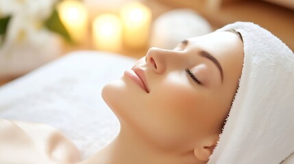 Poster - Woman Enjoying Spa Treatment with Candles in Soft Lighting for Relaxation and Self Care : Generative AI