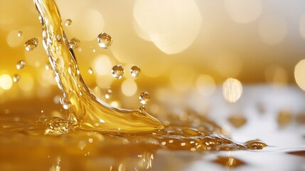 Fototapete - Captivating stream of golden liquid flowing into a pool creating bubbles in a blurred background : Generative AI