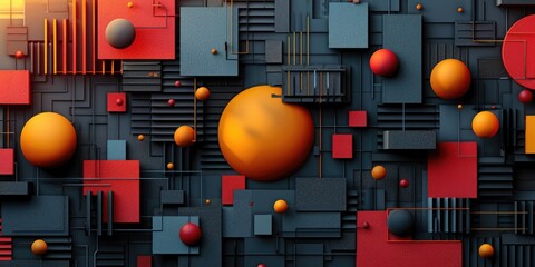 Poster - Abstract geometric shapes in red, blue, yellow, and black. Modern art design. Background image of 3D rendering geometric shape with vibrant color. Modern and creative artwork design. Poster. AIG51.
