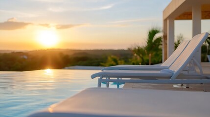 Poster - Serene Infinity Poolside Lounge Chairs with Beautiful Sunset Overlooking Lush Landscape : Generative AI