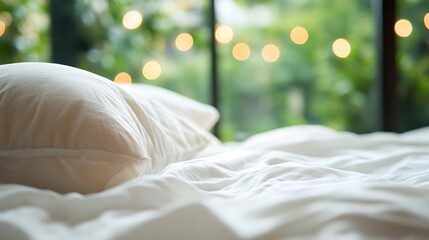 Aufkleber - Cozy Bedroom with White Pillows and Greenery Setting for a Relaxing Atmosphere : Generative AI