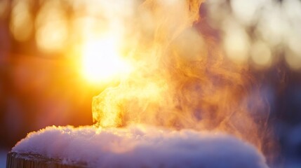 Poster - Steam Rising from Snowy Surface Under Beautiful Winter Sunset : Generative AI
