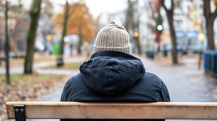 Poster - View from behind of a person wearing a cozy hat sitting on a park bench in autumn weather : Generative AI