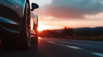 Aufkleber - Stylish car parked on a road at sunset with a focus on the wheel and distant scenery : Generative AI