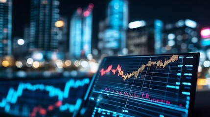 Poster - Dynamic Financial Chart Display on a Digital Tablet Showcasing Trends with City Lights in the Background : Generative AI