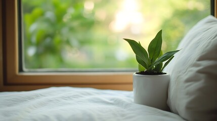 Poster - Indoor Plant on Bed with Soft Pillow and Natural Light Streaming Through the Window : Generative AI