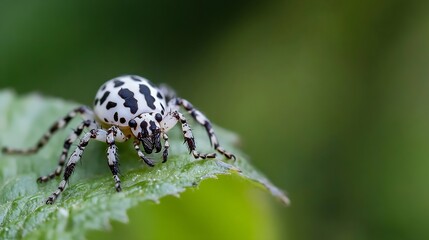 Poster - Closeup of a spotted spider perched on a green leaf showcasing intricate details of its body : Generative AI