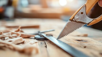 Poster - Hand using a saw on wooden material showing craftsmanship and focus in a carpentry workshop setting : Generative AI