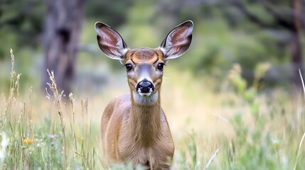 Poster - Curious young deer standing amidst a natural grassy setting on a sunny day : Generative AI