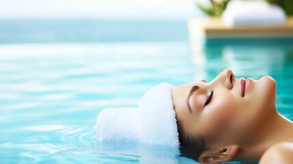 Poster - Young Woman Enjoying a Spa Day Relaxing in a Pool with a Towel on Her Head : Generative AI