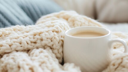 Poster - Warm coffee cup nestled in a knitted blanket for a cozy indoor winter experience : Generative AI