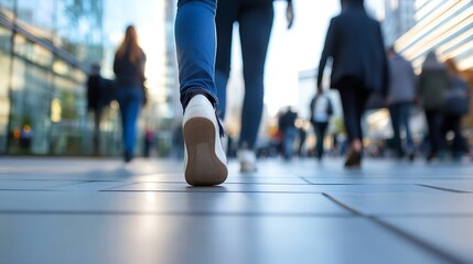 Aufkleber - A person's feet walking on a bustling city sidewalk surrounded by blurred pedestrians showcasing urban lifestyle : Generative AI