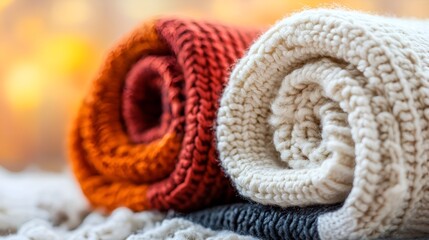 Poster - Cozy Rolled Knitted Throws in Warm Earth Tones on Soft Fabric Background with Beautiful Bokeh : Generative AI