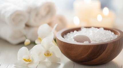 Poster - Luxurious Spa Setting with Orchid, Towel, and Spa Salt for Relaxation and Pampering : Generative AI