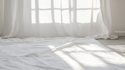 Poster - Sunlit Cozy Room with Sheer White Curtains on the Floor and Soft Light : Generative AI