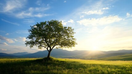 Poster - Lone tree standing majestically in an open field during a picturesque sunset enhancing natural beauty : Generative AI