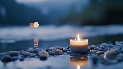 Leinwandbilder - Tranquil candle glowing on smooth stones by the water at dusk creating a serene atmosphere : Generative AI
