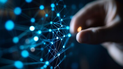 Leinwandbilder - Innovative hand reaching toward digital connections in a blue network of data and technology : Generative AI