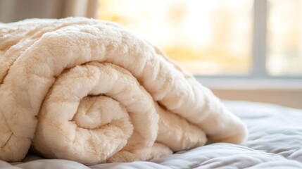 Poster - Cozy rolled cream colored blanket placed on a soft bed with natural sunlight streaming through the window : Generative AI