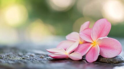 Poster - Beautiful pink frangipani flowers resting on a stone surface with a soft blurred background : Generative AI