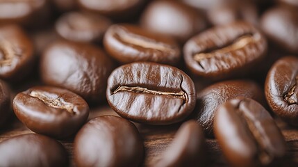 Poster - Closeup of roasted coffee beans highlighting their rich texture and dark color on a wooden surface : Generative AI