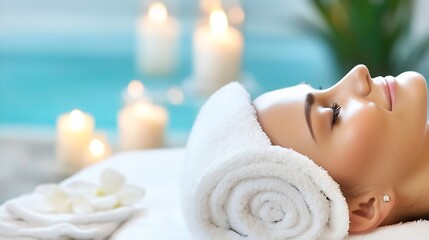 Poster - Spa Treatment with a Relaxed Woman Enjoying a Facial Amid Candles : Generative AI