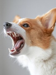 Poster - Corgi dog showing teeth with mouth wide open in a fierce expression captured indoors : Generative AI