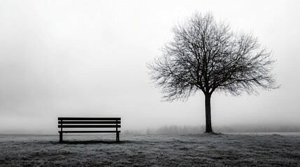 Aufkleber - Lonely bench standing next to a bare tree in a foggy landscape creating a haunting atmosphere : Generative AI