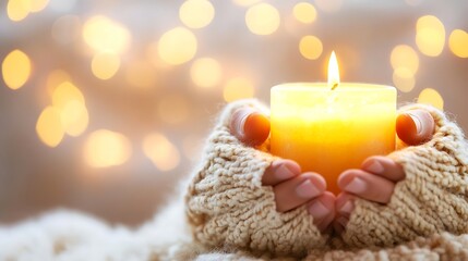 Aufkleber - Warm hands holding a glowing candle with soft bokeh lights creating a cozy atmosphere for relaxation : Generative AI